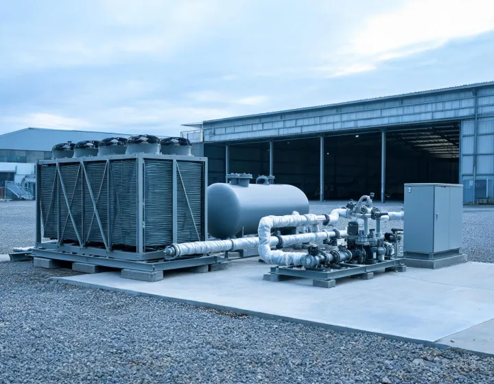 Outdoor process cooling skid with reservoir and piping to a plant bay